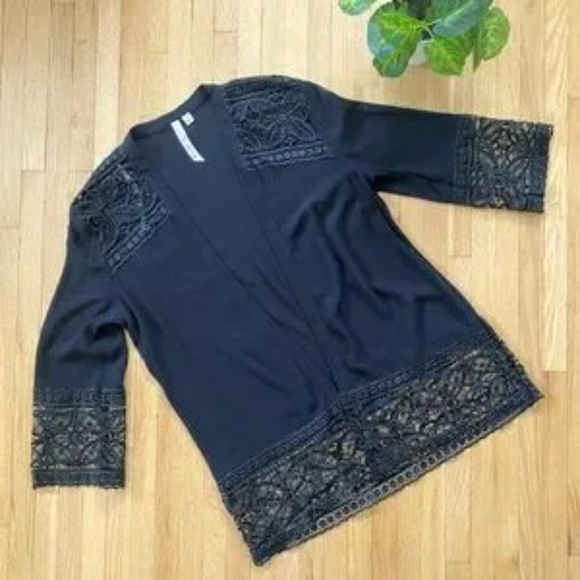 NY Collection Open Front Lace Trim Black 3/4 Sleeve Kimono Cardigan Size S - Picture 10 of 10